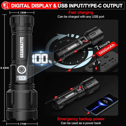 Led Flashlights 20000 High Lumens, USB Rechargeable with Power Display