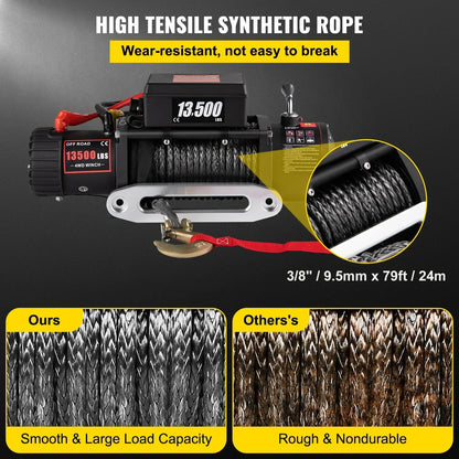 VEVOR 12V 13500 LBS Electric Winch 27M/92FT Synthetic Tow Rope  Hoist for 4X4 Truck or Boat