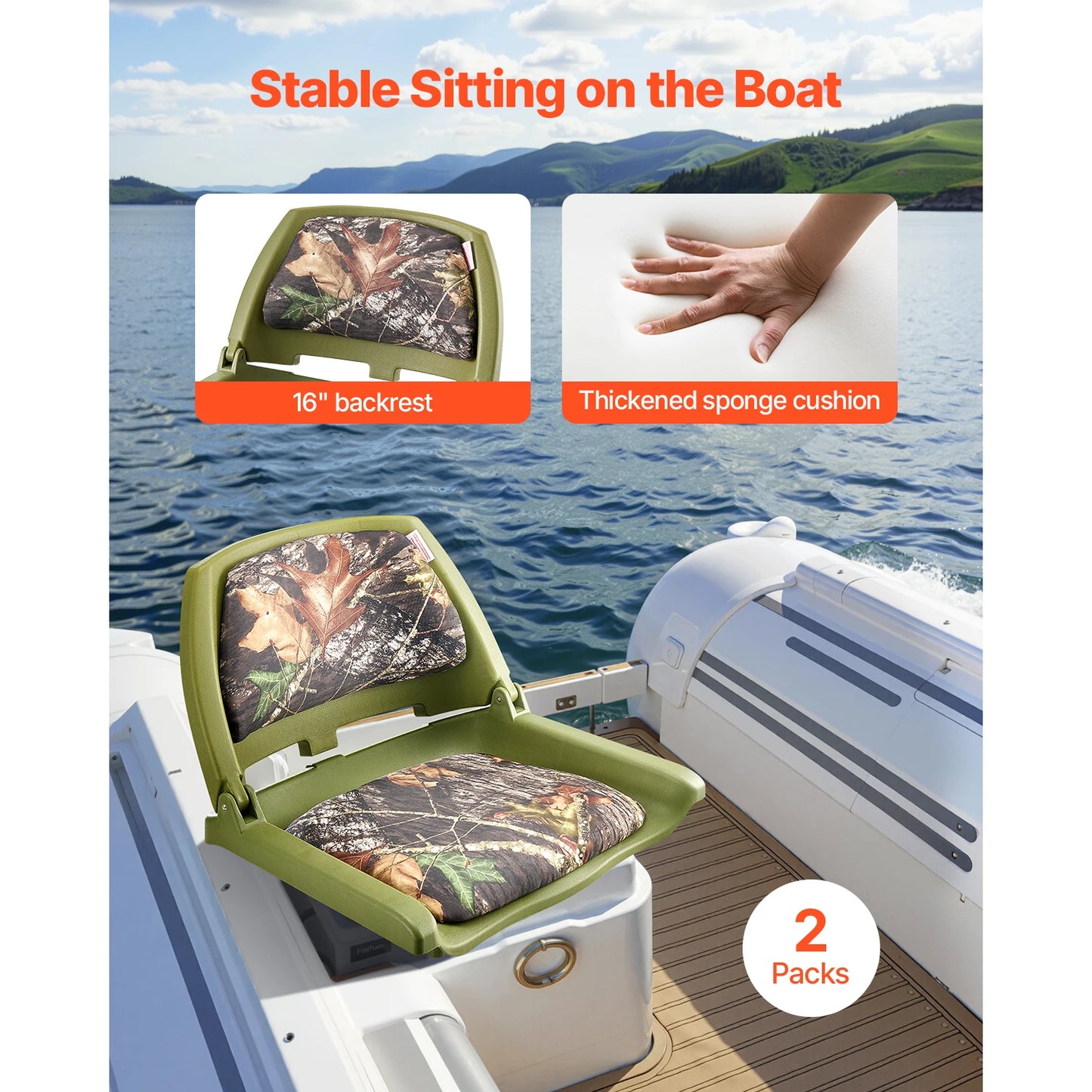 Boat Seat, Low Backrest, Folding Fishing Boat Seat with Thickened Sponge Cushion PP Frame,