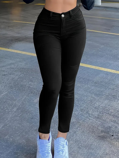 Women Simple Slim Wash Casual Style Jeans Zipper Button