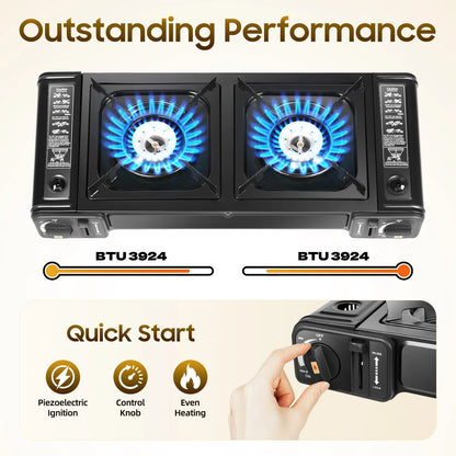 Butane Gas Camping Stove 3924 BTU Dual Burner Outdoor Grill