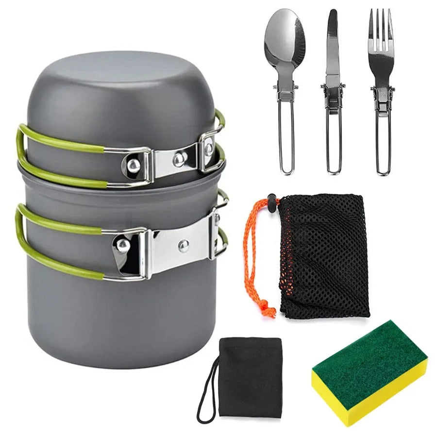 8Pcs  Camping Stove Cookware Set Aluminum Pot Foldable Knife Fork Spoon