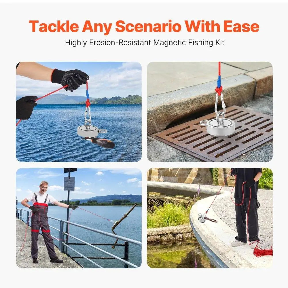 1700lbs Heavy Duty Fishing Magnet Kit Double Side Pull With Rope & Carabiner