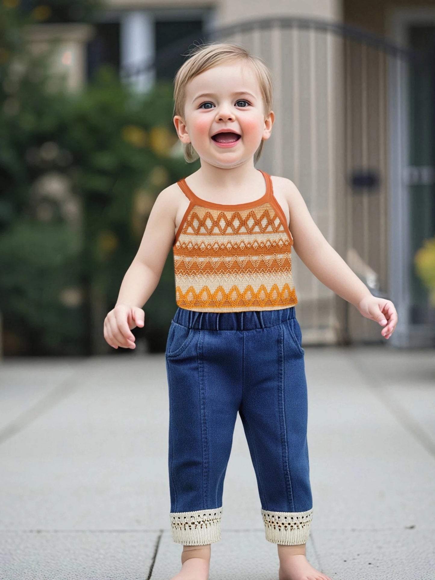 Girls Sleeveless Knit Top and Elastic Waist Tassel Jeans Set