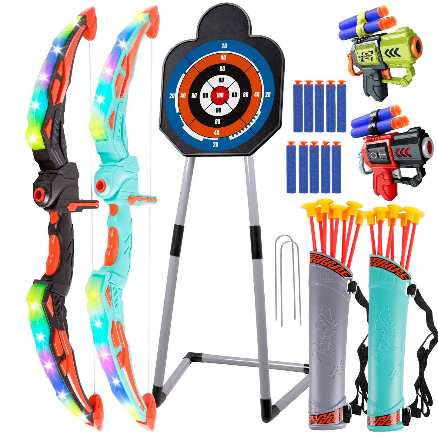 2 Bow and Arrow Sets with LED Light-up, 2 Foam Dart Guns for Kids