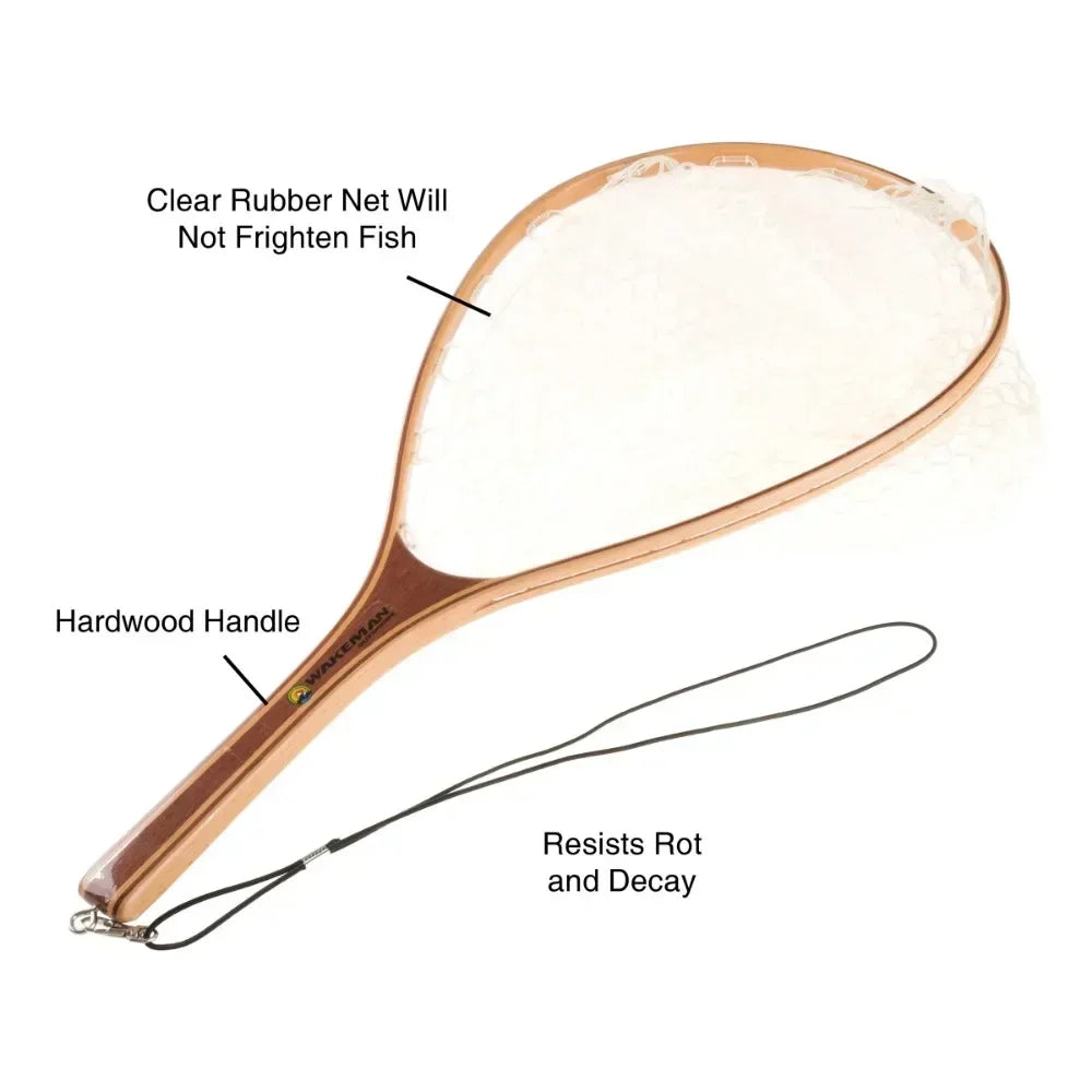 Landing - fly fishing  rubber net and wooden handle