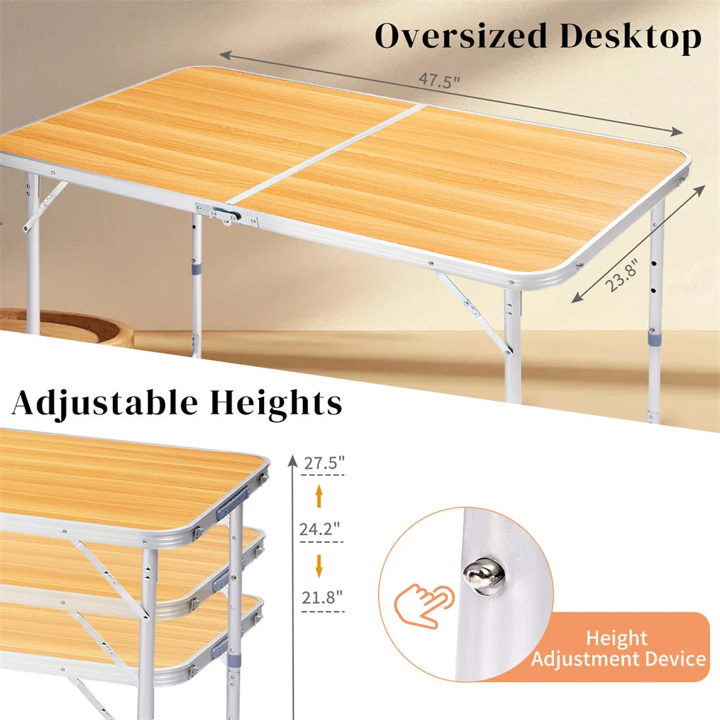 4Ft Folding Table With Carrying Handle Height Adjustable Lightweight For Indoor Outdoor