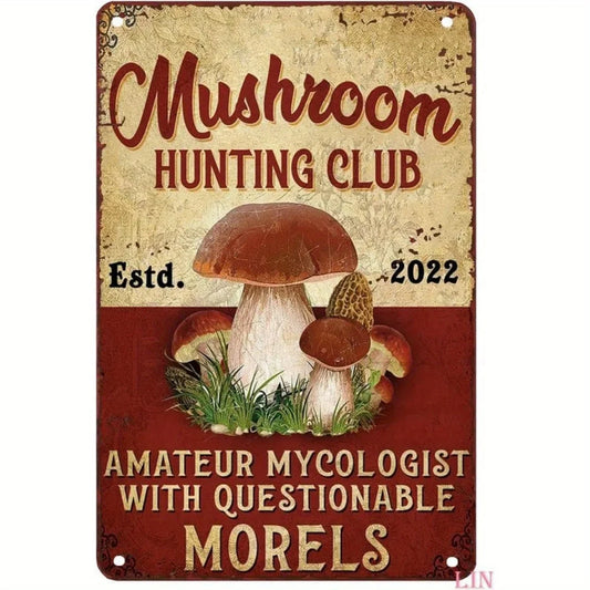 Vintage Mushroom Hunting Club Metal Sign - Aesthetic Wall Art for Home Decor, Garage, Man Cave -