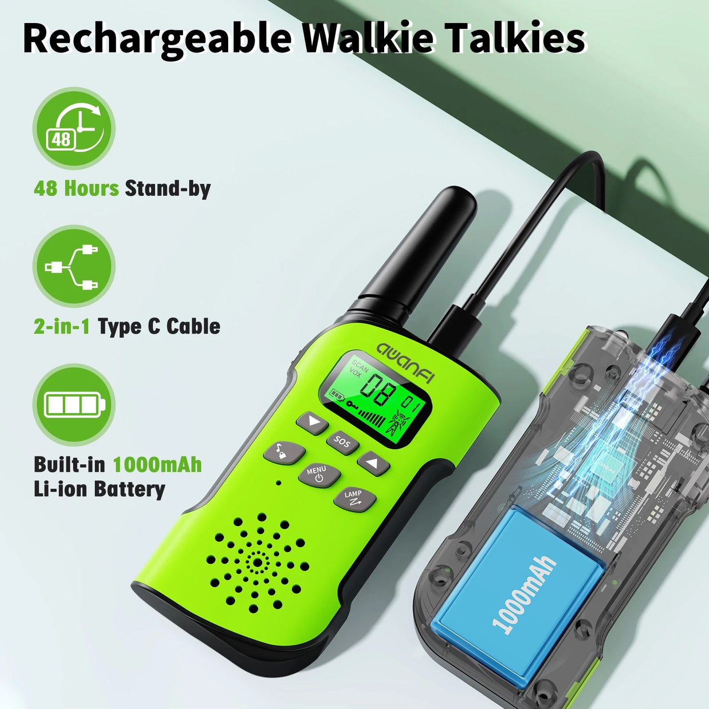 4 Walkie Talkies  Rechargeable  , Long Range Flashlight 8 Channel, USB Type C