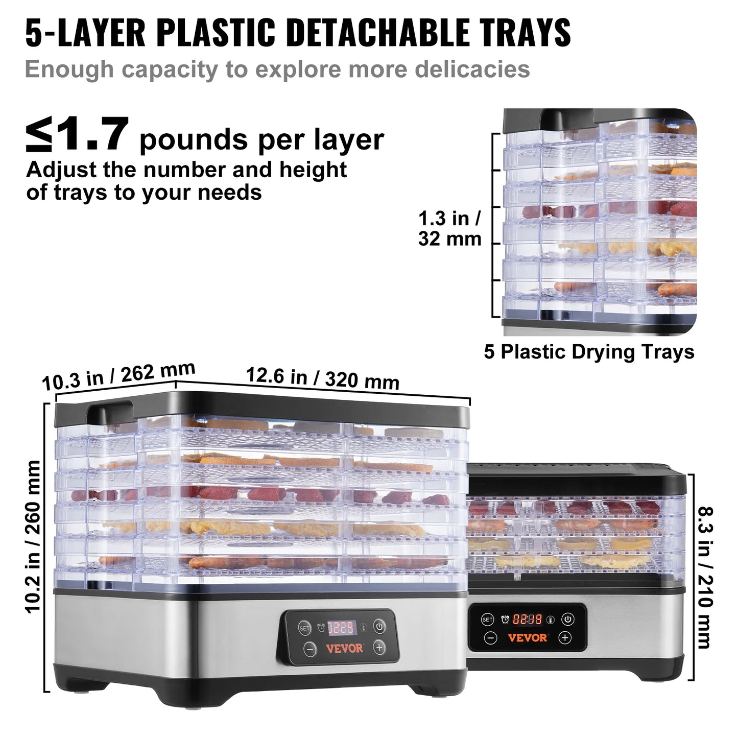 5 Tray Food Dehydrator Machine 300W Stainless Steel  w/ Digital Adjustable Timer & Temperature