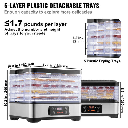 5 Tray Food Dehydrator Machine 300W Stainless Steel  w/ Digital Adjustable Timer & Temperature