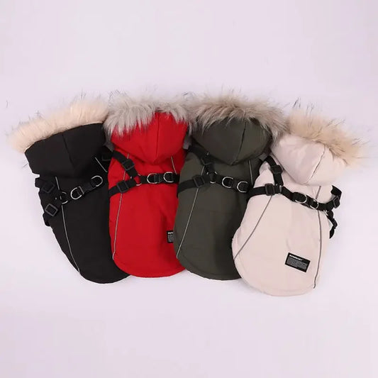 Fleece Lining Dog Hoodie with Harness Built in Warm Small Dog Jacket