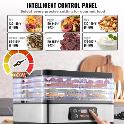 5 Tray Food Dehydrator Machine 300W Stainless Steel  w/ Digital Adjustable Timer & Temperature