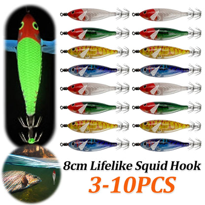 5.7g/8cm Squid Jig Baits Double Hook Glow In The Dark for Night Fishing