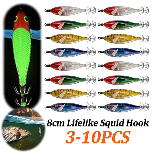 5.7g/8cm Squid Jig Baits Double Hook Glow In The Dark for Night Fishing
