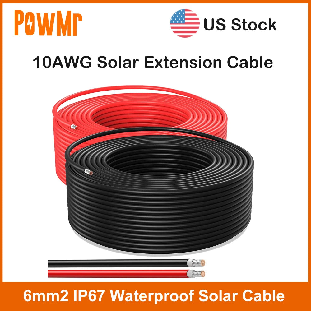 US Stock Solar Extension Cable 10AWG 100m 30m 6mm2 IP67 Waterproof Solar Power Cable Red Black For PV Panel Connection