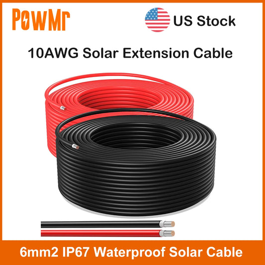 US Stock Solar Extension Cable 10AWG 100m 30m 6mm2 IP67 Waterproof Solar Power Cable Red Black For PV Panel Connection