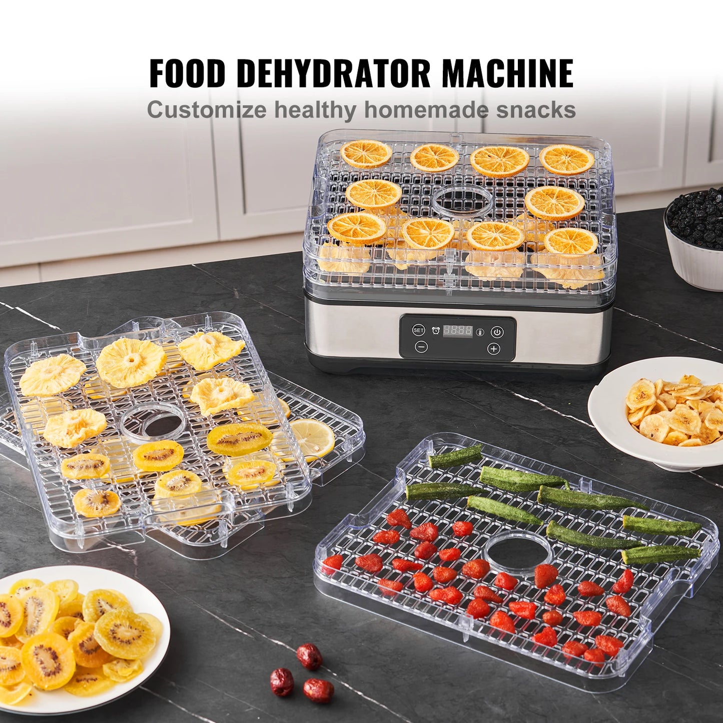 5 Tray Food Dehydrator Machine 300W Stainless Steel  w/ Digital Adjustable Timer & Temperature