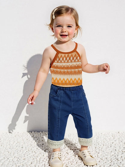 Girls Sleeveless Knit Top and Elastic Waist Tassel Jeans Set