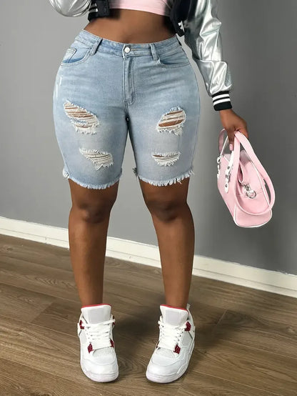 Light Blue Ripped Stretch Short Jeans,