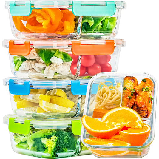 5-Pack Glass Food Storage Containers with Divided Compartments, Leak-Proof, Microwave & Freezer Safe,