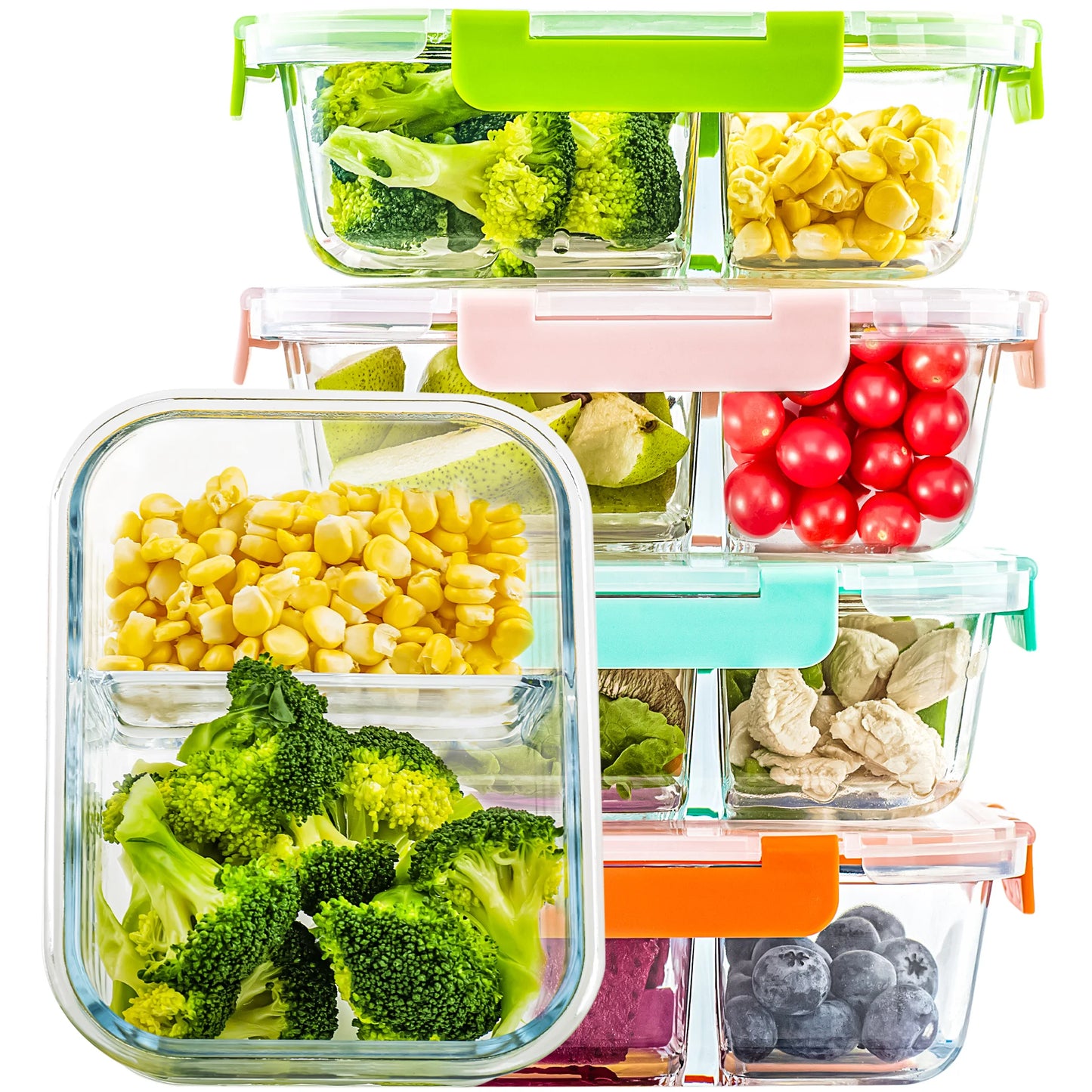 5-Pack Glass Food Storage Containers with Divided Compartments, Leak-Proof, Microwave & Freezer Safe,