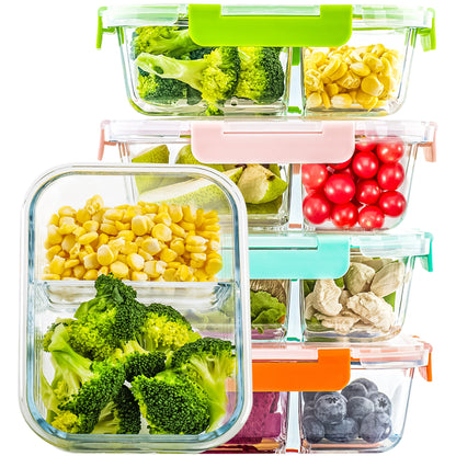 5-Pack Glass Food Storage Containers with Divided Compartments, Leak-Proof, Microwave & Freezer Safe,