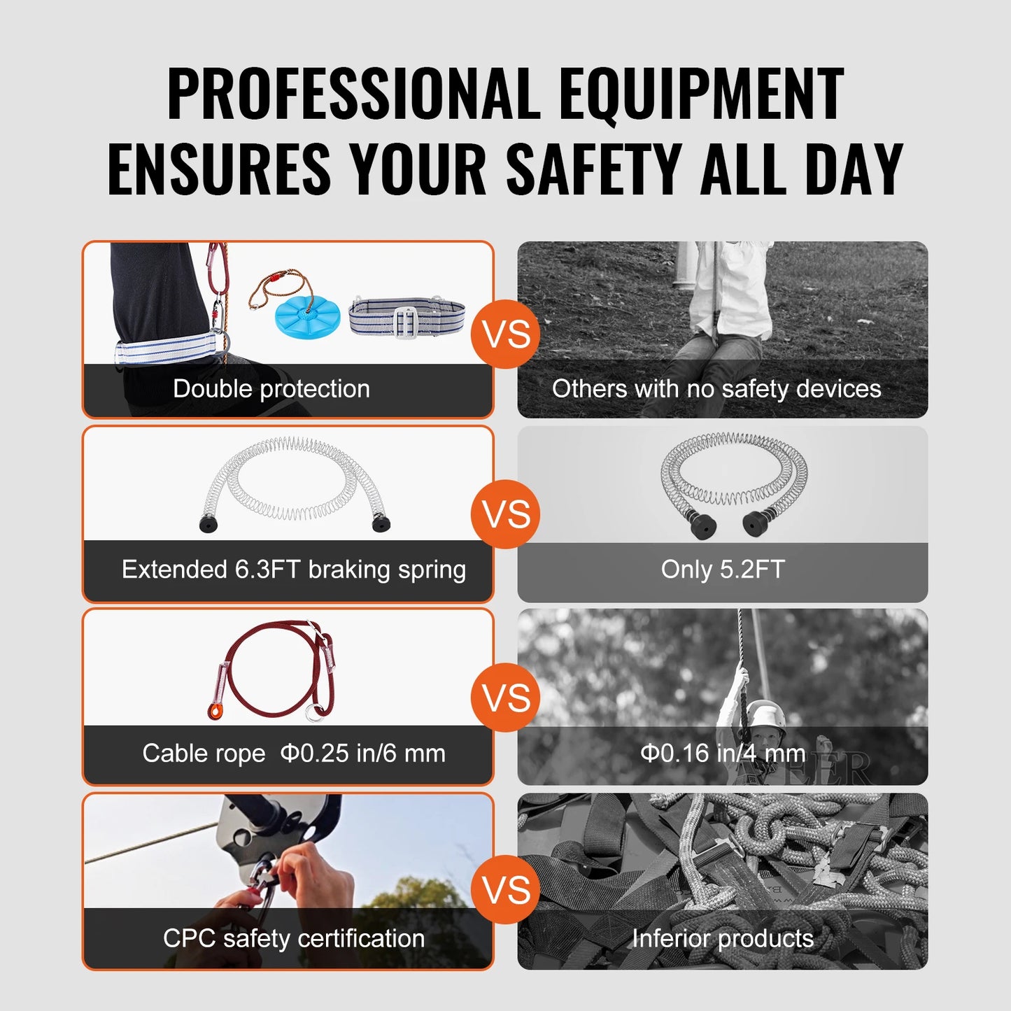 60/80/100/120FT Zipline Kit Up to 500 lbs  Stainless Steel Safety Harness