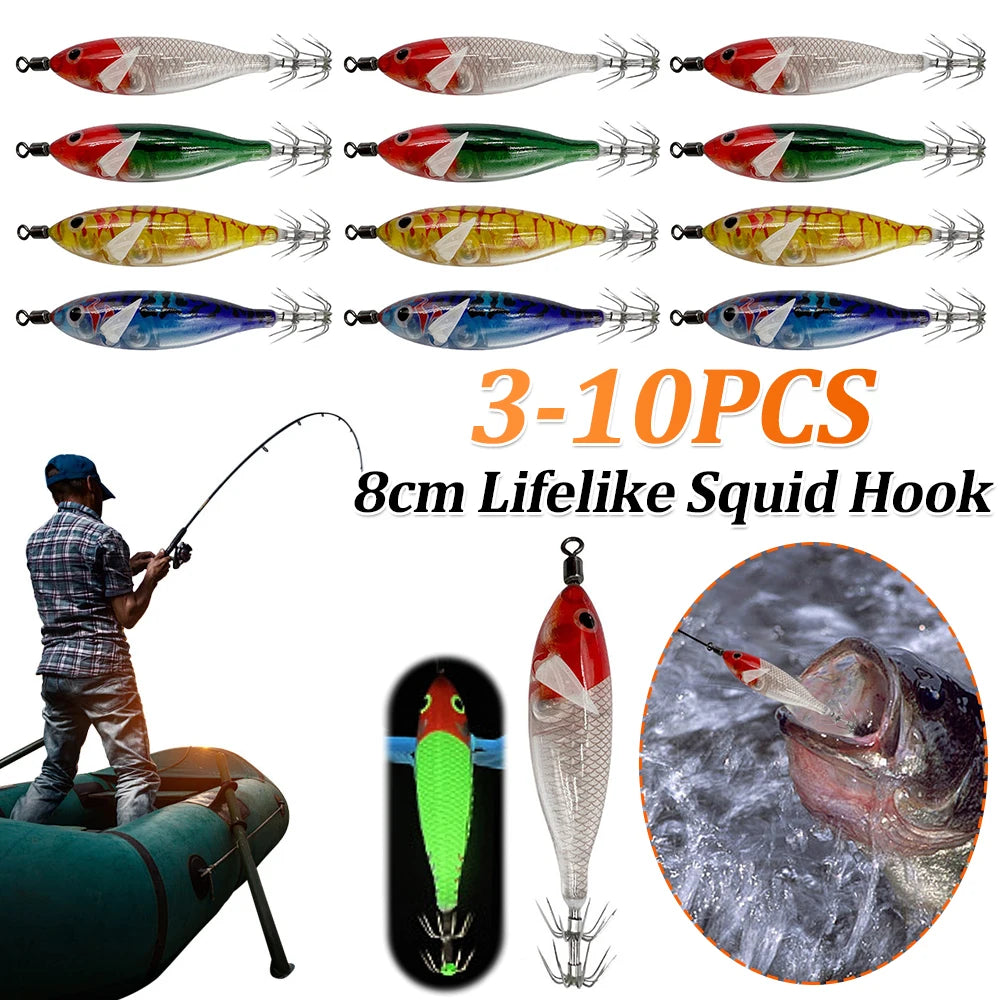 5.7g/8cm Squid Jig Baits Double Hook Glow In The Dark for Night Fishing