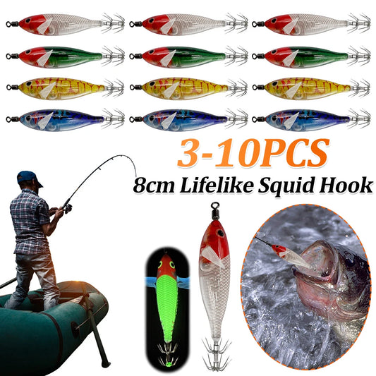 5.7g/8cm Squid Jig Baits Double Hook Glow In The Dark for Night Fishing