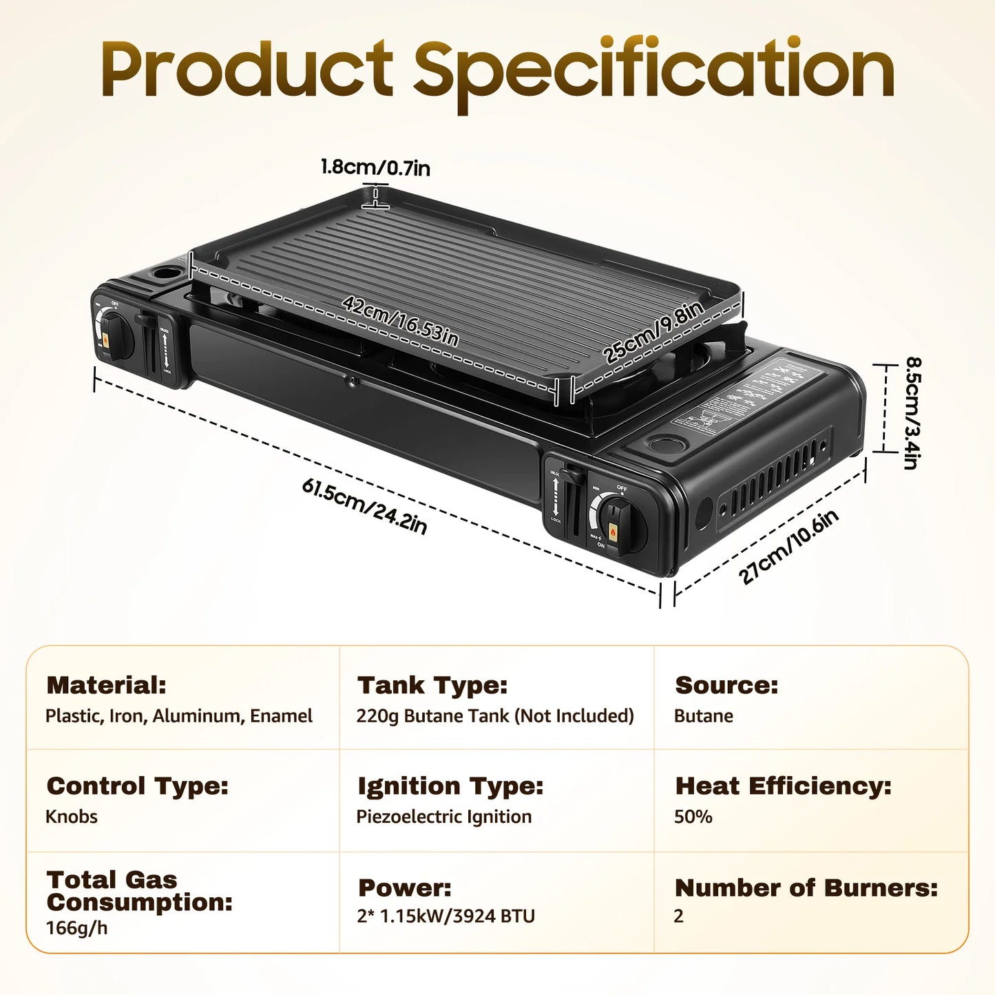 Butane Gas Camping Stove 3924 BTU Dual Burner Outdoor Grill