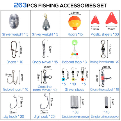 263pcs Fishing  Set with Tackle Box Including Plier Jig Hooks Sinker Weight Swivels Snaps Sinker Slides
