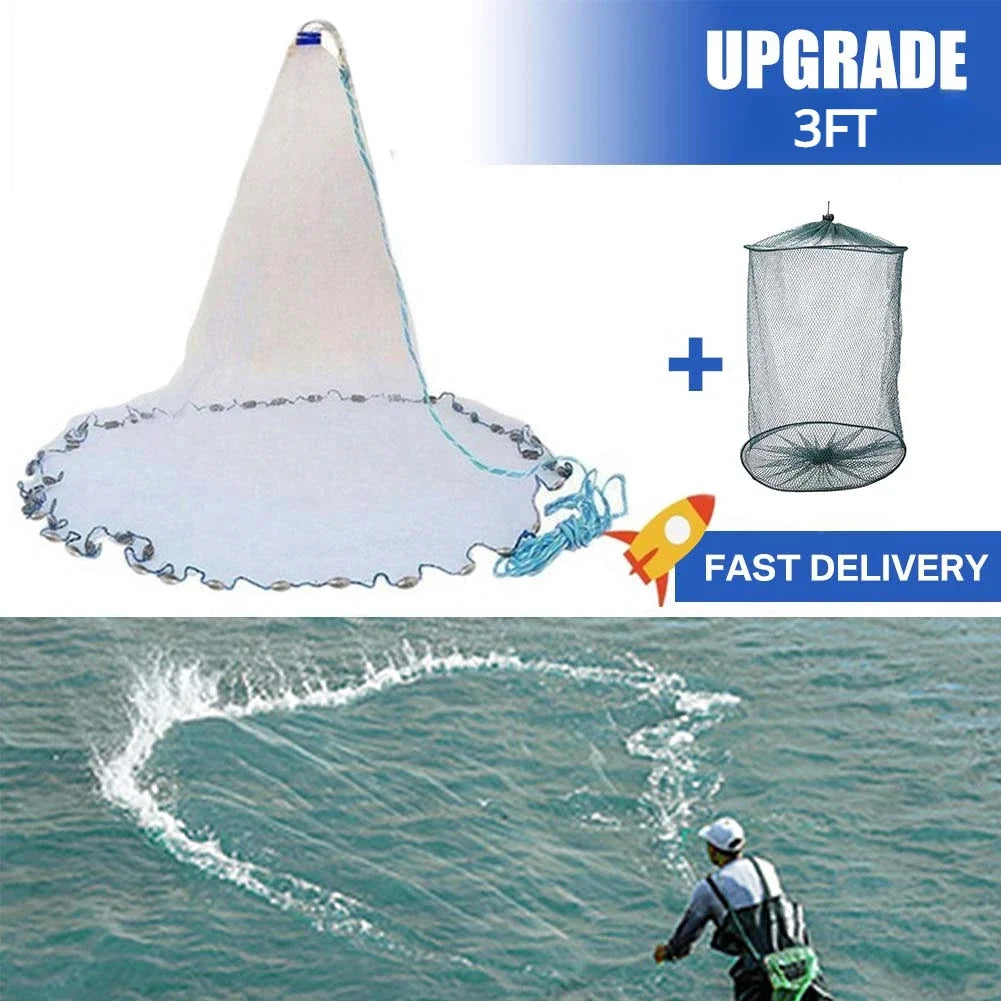 Saltwater Fishing Cast Net for Bait Trap 3/4/5/6/7/8/9/10ft Radius Casting Nets with Heavy Duty Zinc Sinker Weight