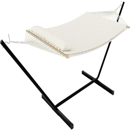 Double Hammock with Stand,2 Person Heavys Duty 475 Lbs Capacity, Breathable Cotton Rope & Quilted Pad