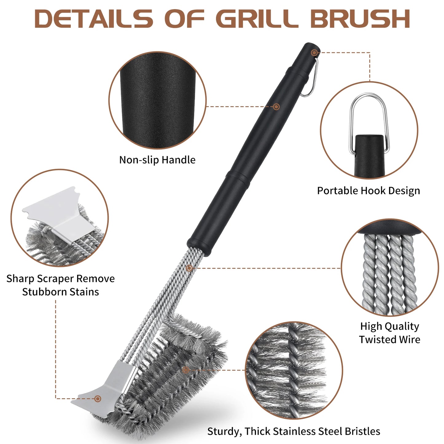 19 inch Stainless Steel Grill Brush with Scraper,