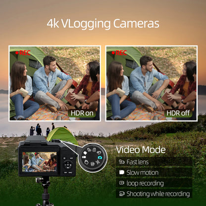 4K Vlogging Camera with 3’’ Flip Screen,16X Digital Zoom,2 Batteries, 32GB TF Card