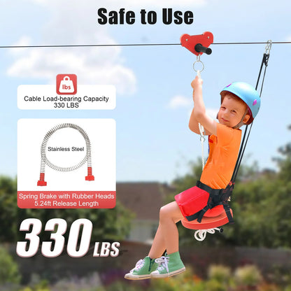330lbs Quick Set up Zipline, Spring Brake and Safety Harness