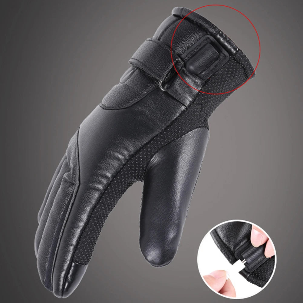 Leather Electric Heated  Waterproof  Winter Gloves Touchscreen