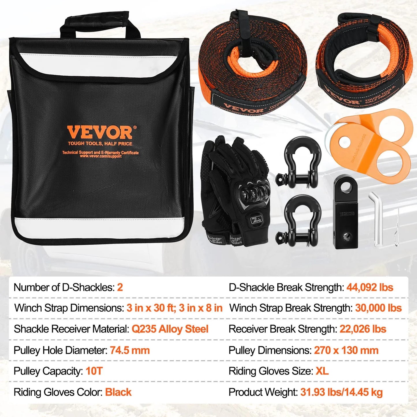 Off-Road Winch Recovery Kit with 30000Lbs Tow Straps & D-Ring Shackles Snatch Block and Storage Bag