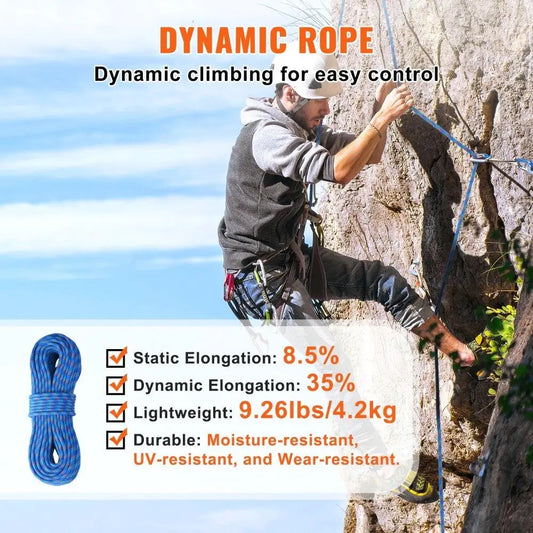 Dynamic Climbing Rope 10.2mm 60M 25KN Breaking Tension with  Steel Snap Hooks