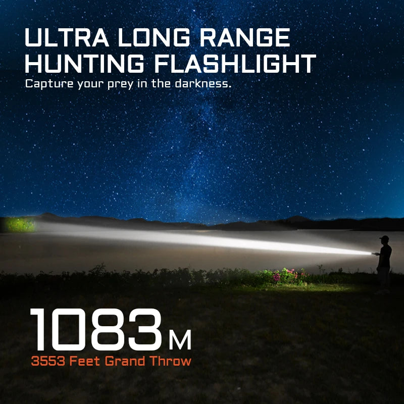Hunting Flashlight 2200 Lumens 1184 Yards Long-Rang Rechargeable Flashlight