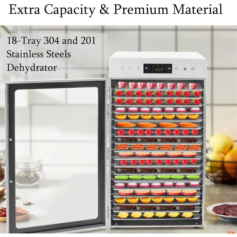 800W  18-Tray Stainless Steel Fruit Dryer with LED LIght