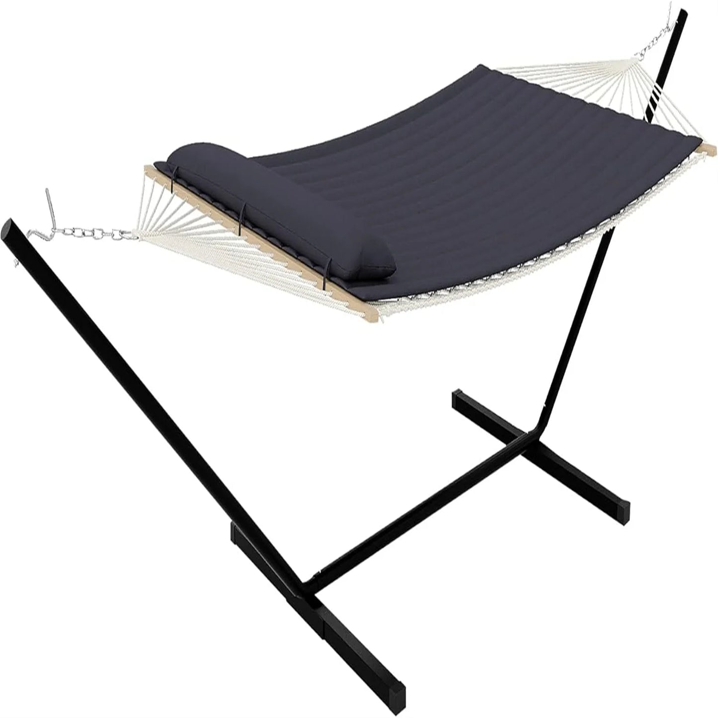 Double Hammock with Stand,2 Person Heavys Duty 475 Lbs Capacity, Breathable Cotton Rope & Quilted Pad
