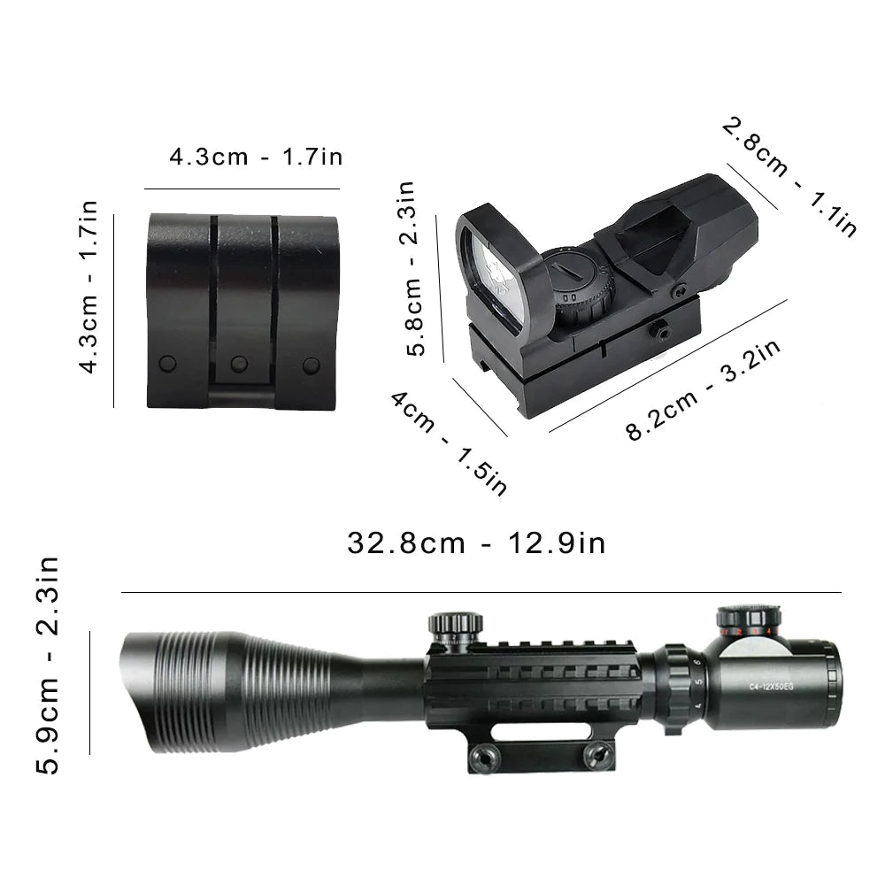 3-in-1 Rifle Scope Red Dot Laser Combo 4-12x50 Illuminated Optics with 4 Reticle Red Green Reflex Sight