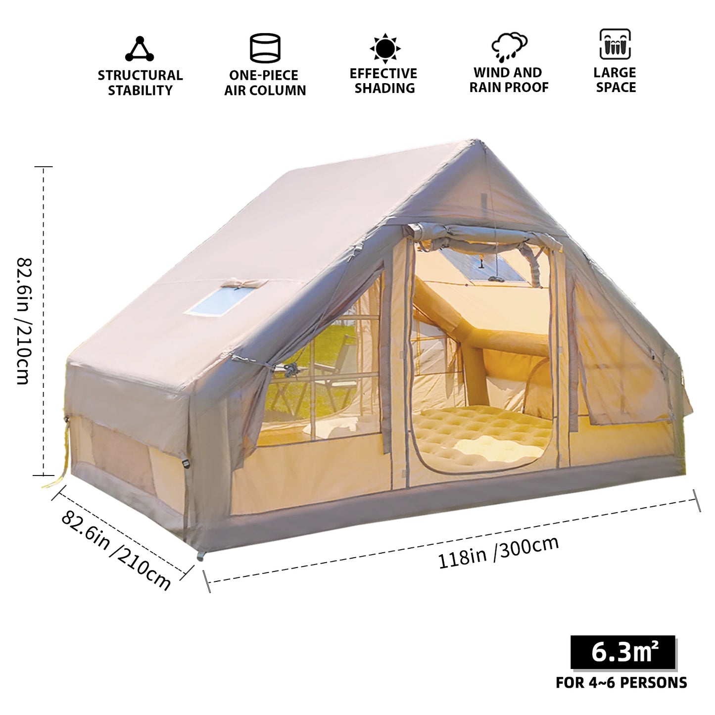 Inflatable Waterproof Tent with Hand Pump, Oxford Fabric Camping Tent with Skylight,