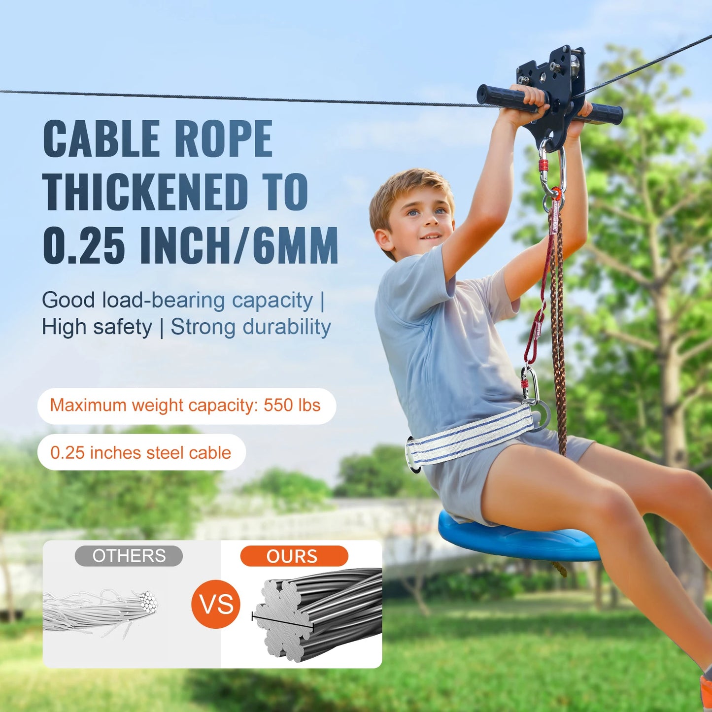 60/80/100/120FT Zipline Kit Up to 500 lbs  Stainless Steel Safety Harness