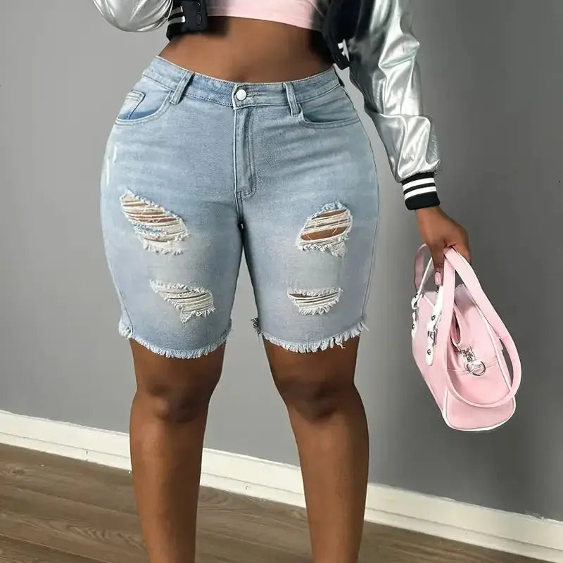 Light Blue Ripped Stretch Short Jeans,