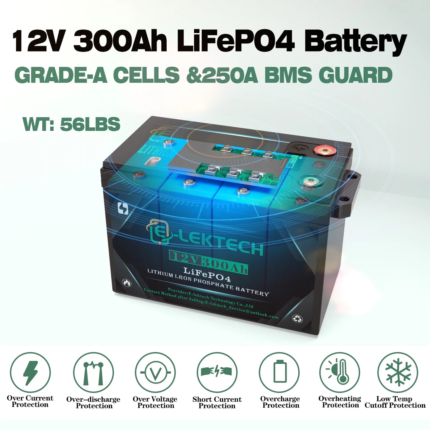 12V 300Ah LiFePO4 Lithium Battery Up to 10000 Cycles, Max. 3200W Power, for Off-Grid,