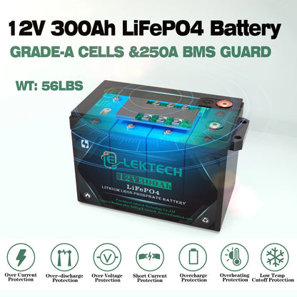 12V 300Ah LiFePO4 Lithium Battery Up to 10000 Cycles, Max. 3200W Power, for Off-Grid,