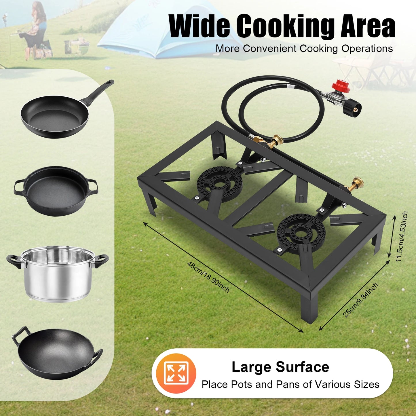 8000W Portable Double Burner Outdoor Gas Stove with Adjustable 0-10Psi Regulator Hose